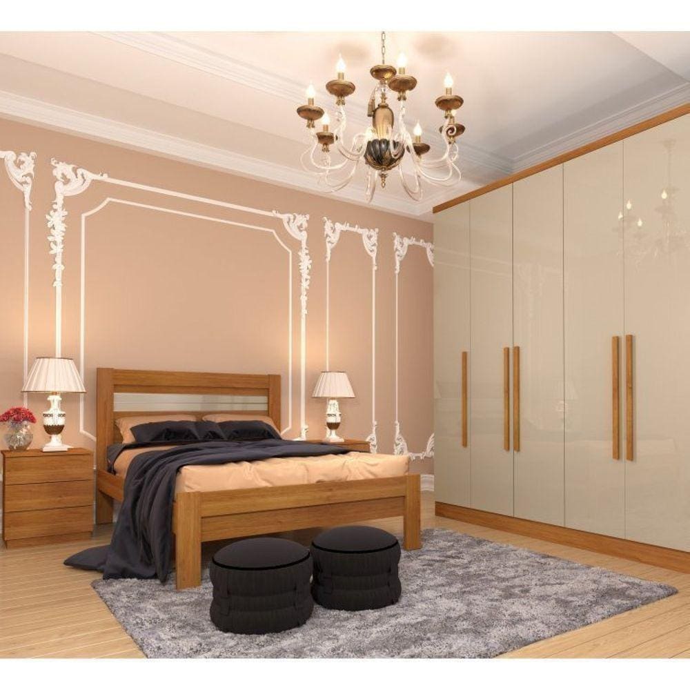 Quarto Casal Completo Guarda Roupa 6 Portas Veneza com Cama e Mesa de Cabeceira Neve Tcil Móveis Cinamomo/Off White