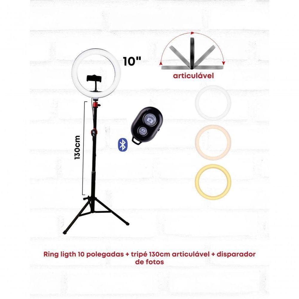 Ring Light 10" + Tripé + Phone Clip + Adaptador Ball Head