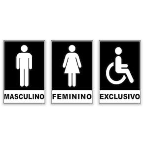 Kit 3 Placas Banheiro Masculino Feminino Cadeirante 20x15cm