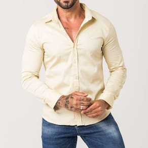 Camisa Social Masculina Slim Fit Bege Manga Longa Zune