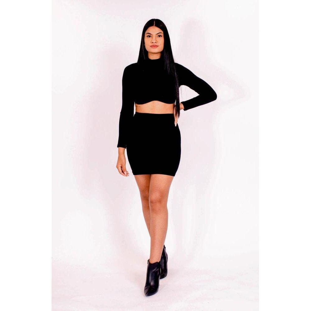 Conjunto Com Cropped Mangas Longas E Saia