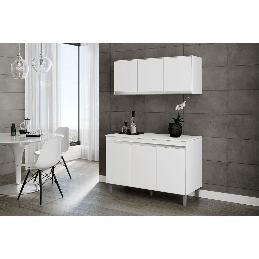 Kit de Cozinha Balcão e Armário Aéreo Manu 120cm Cor Branco - AJL Móveis