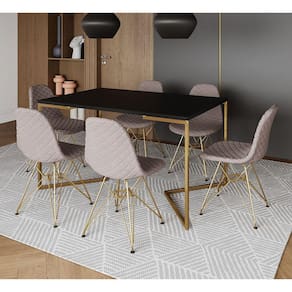 Mesa Industrial Retangular Preta Base V Dourada 137x90cm 6 Cadeiras Estofadas Nude Médio Dourada