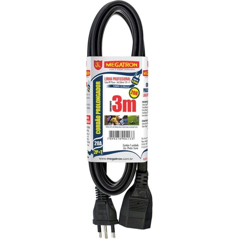 Cordao Prolongador Pp 3X2,50X3,00Mt 2P+T 20A/250V Pt Megatr