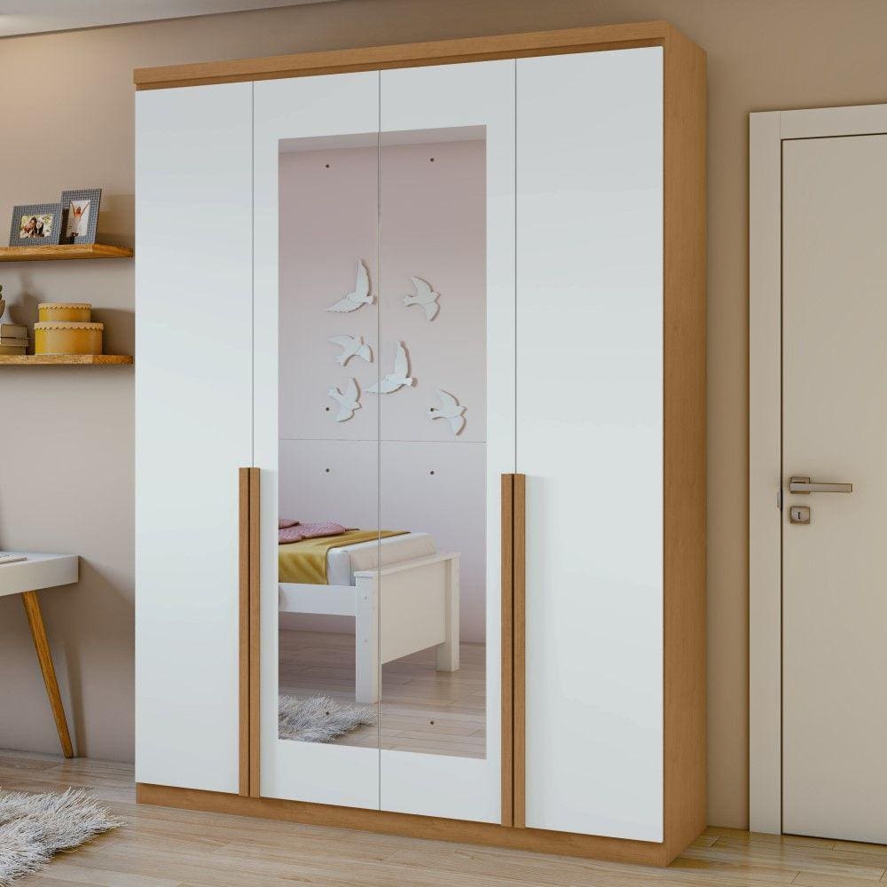 Guarda-Roupa Solteiro em MDF 04 Portas e 02 Gavetas com Espelho Alonzo Amêndoa Clean/Branco Lopas