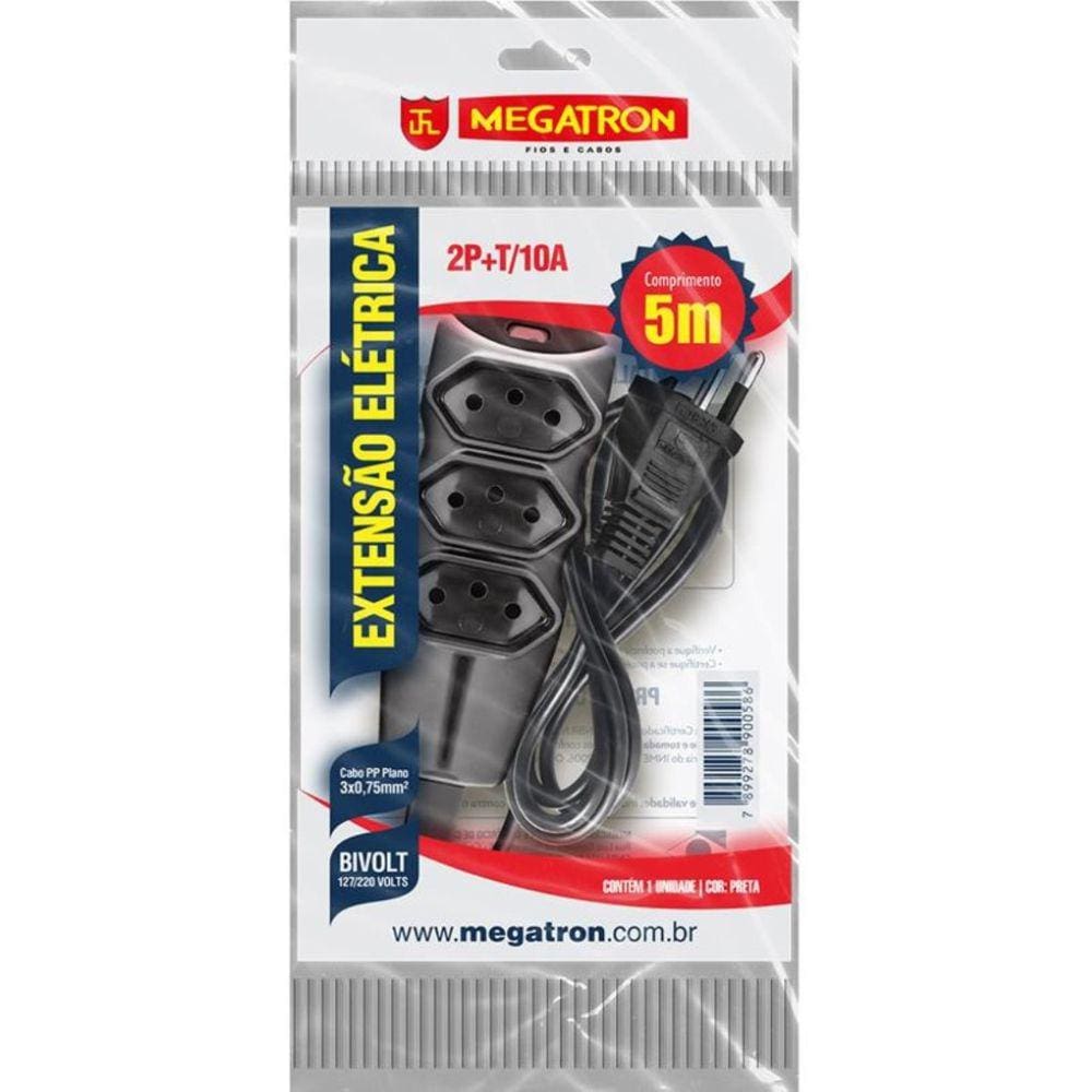 Extensao 3 Tom. Paral.3X0,75X5,00Mt 2P+T 10A/250V Pt Megatr