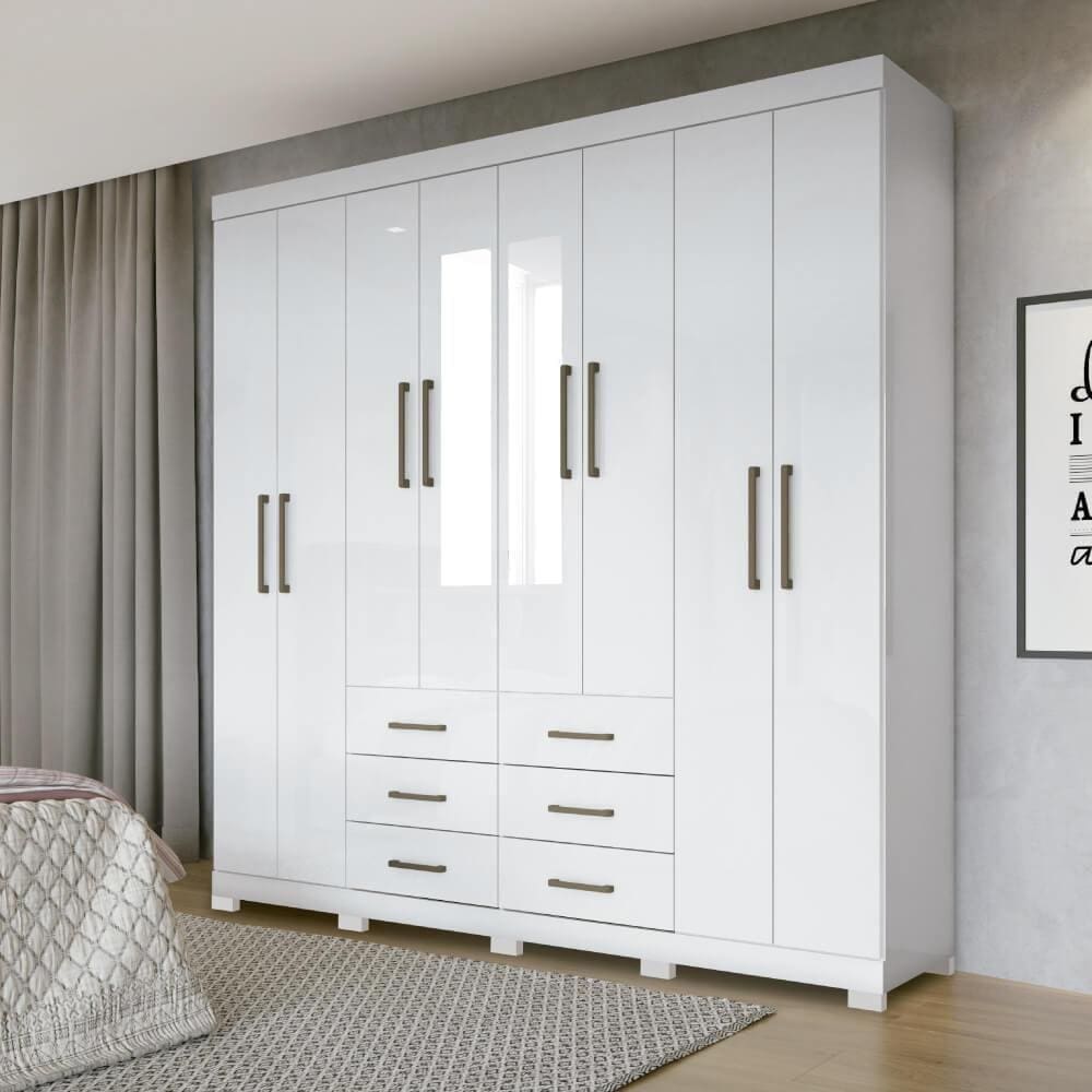 Guarda Roupa Liverpool com 8 Portas/Pés e Espelho - Branco