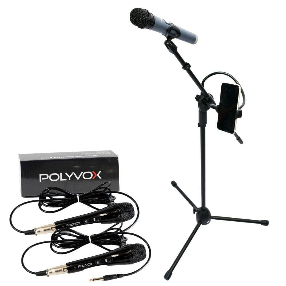 Kit Pedestal Tripé Universal para Microfone com Suporte p/ Celular + 2 Microfones com Fio