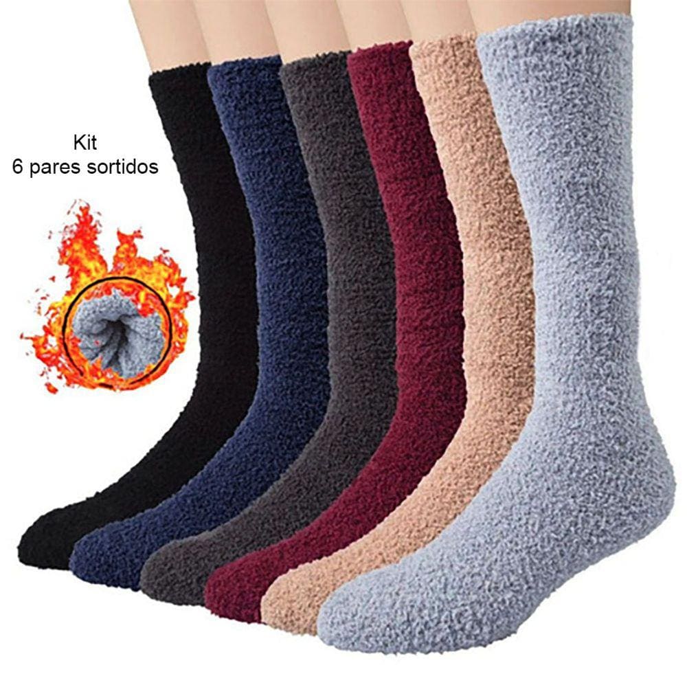 Meia Térmica Soft Felpuda Cano Alto Inverno: Kit 6 Pares Adulto Masculino