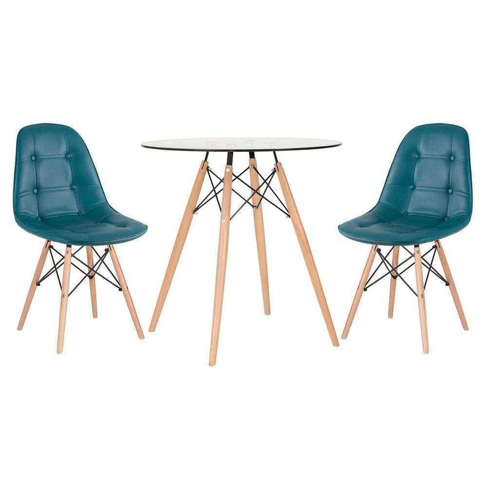 Mesa jantar cozinha redonda com tampo de vidro Eames 70 cm + 2 cadeiras Eiffel Botonê