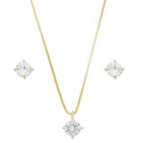 Conjunto Pedra Branca Zircônia 6mm Folheado em Ouro 18k