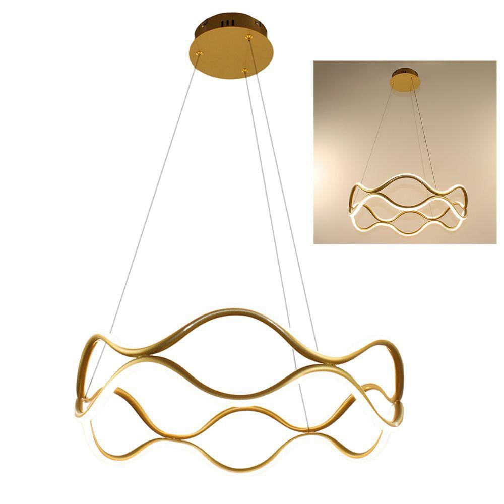 Lustre Lumianaria Pendente Ondas Infinito 3 em 1 Dourado Led 52W Arco Aneis Sala Quarto Recepçao Comercial Residencial Decorativo