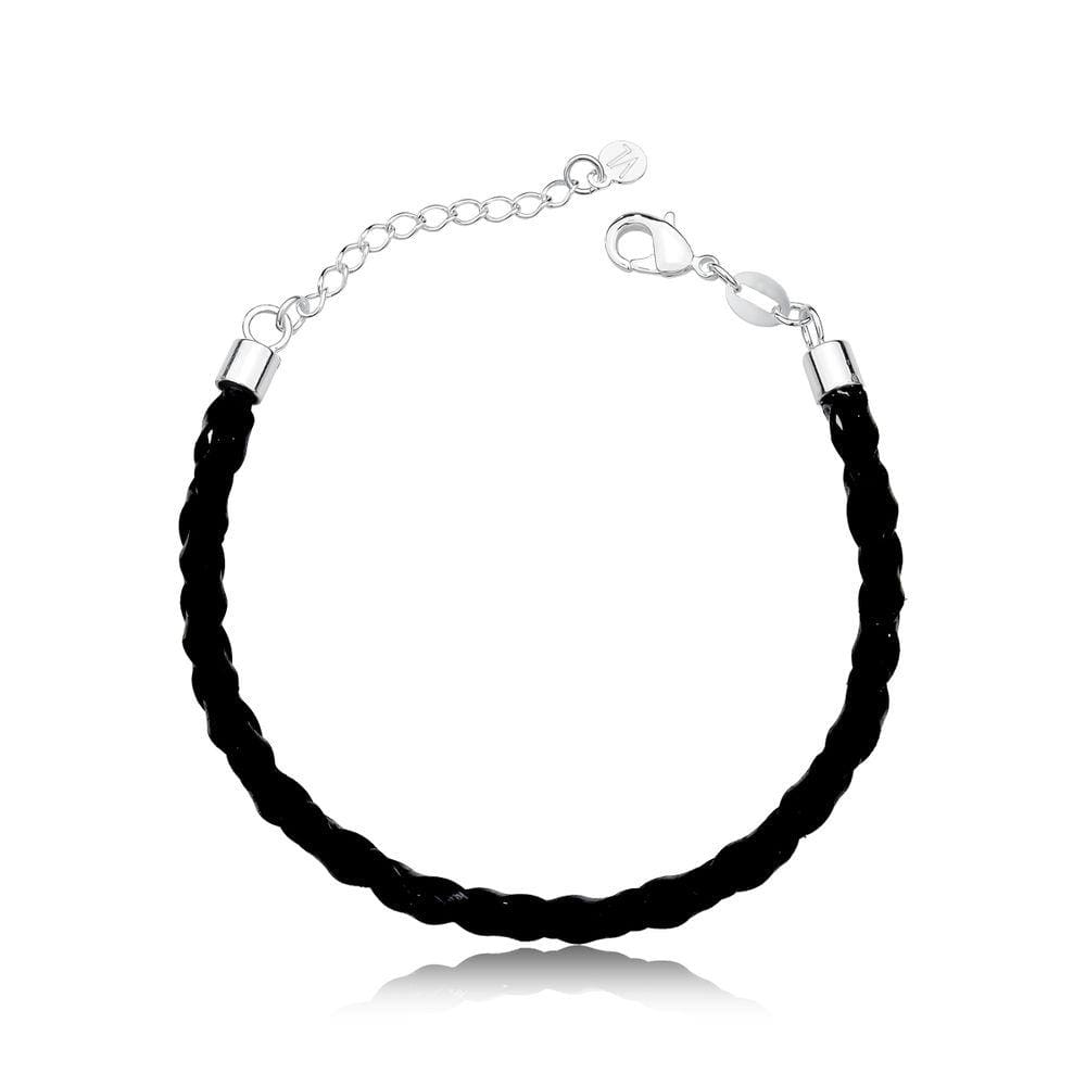 Pulseira De Couro Preto Trançado Com Ponteiras Prata