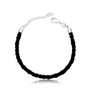 Pulseira De Couro Preto Trançado Com Ponteiras Prata