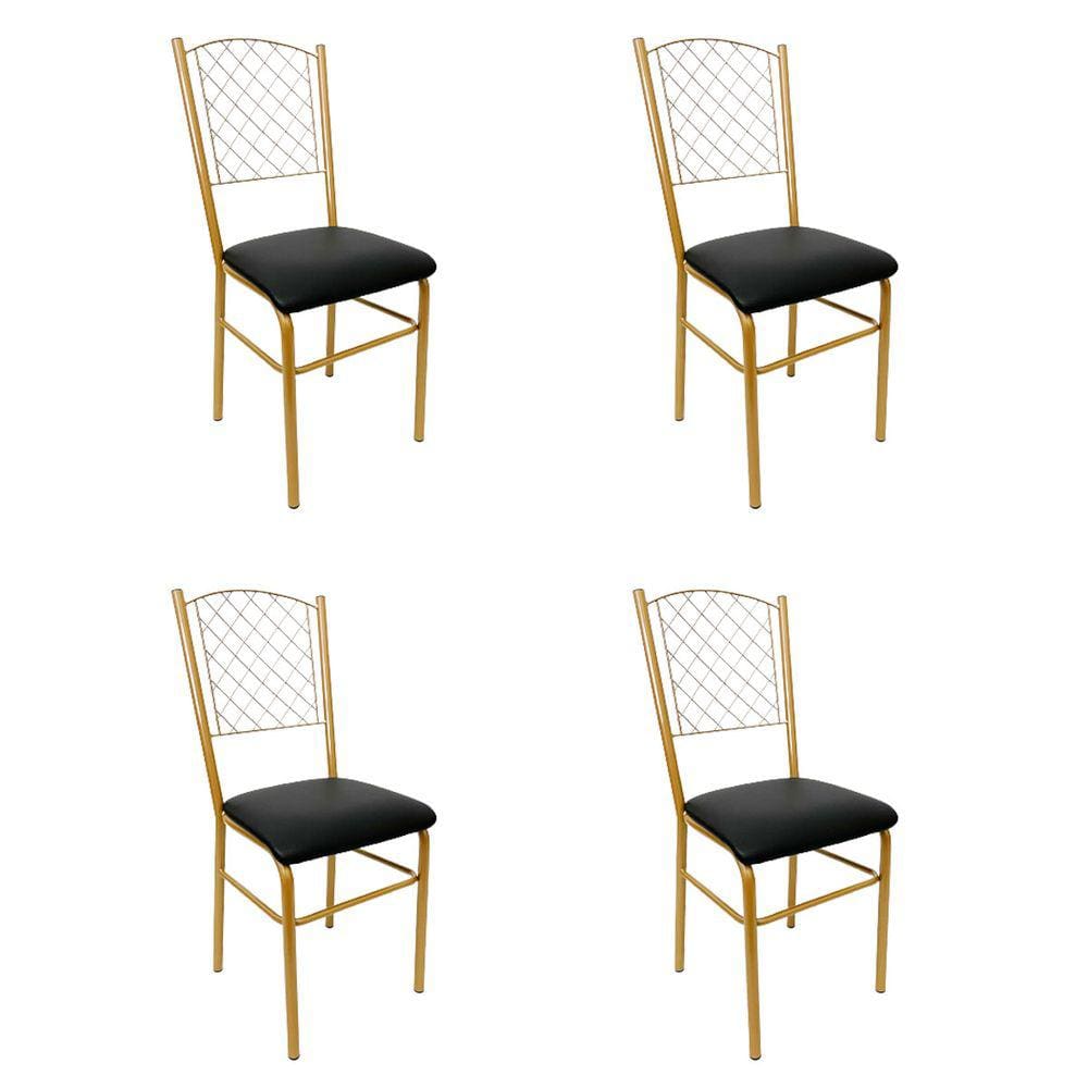 Cadeira para Cozinha com reforço cor Dourado Fosco assento preto encosto de grade 4 Unidades
