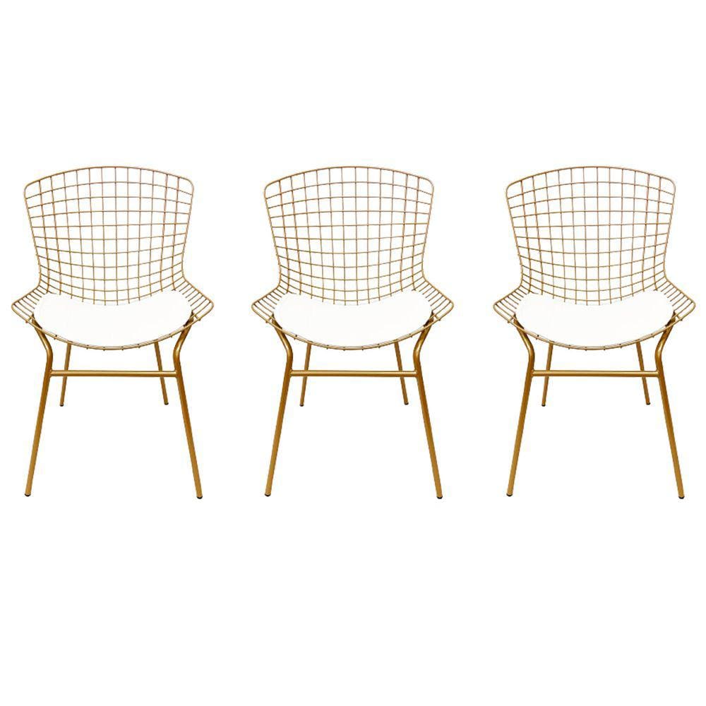 Cadeira para Cozinha Bertoia cor Dourado Fosco assento branco tubular 3 Unidades