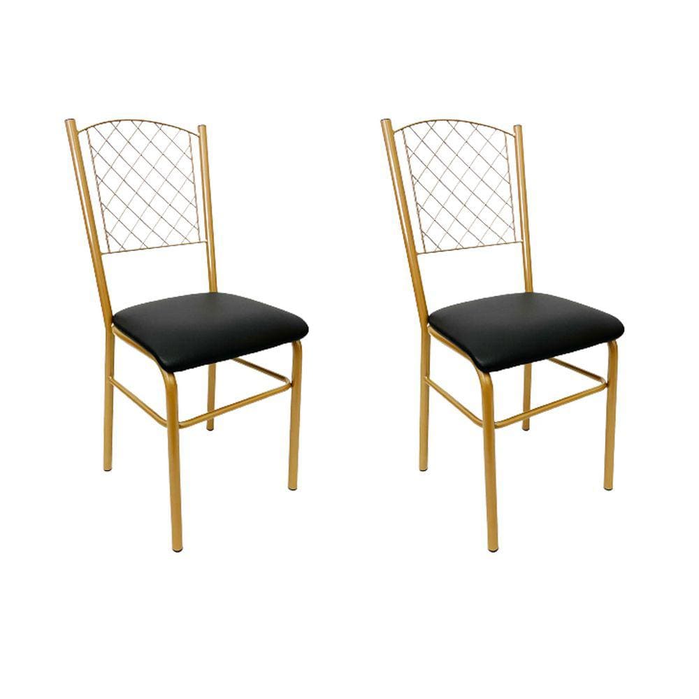 Cadeira para Cozinha com reforço cor Dourado Fosco assento preto encosto de grade 2 Unidades