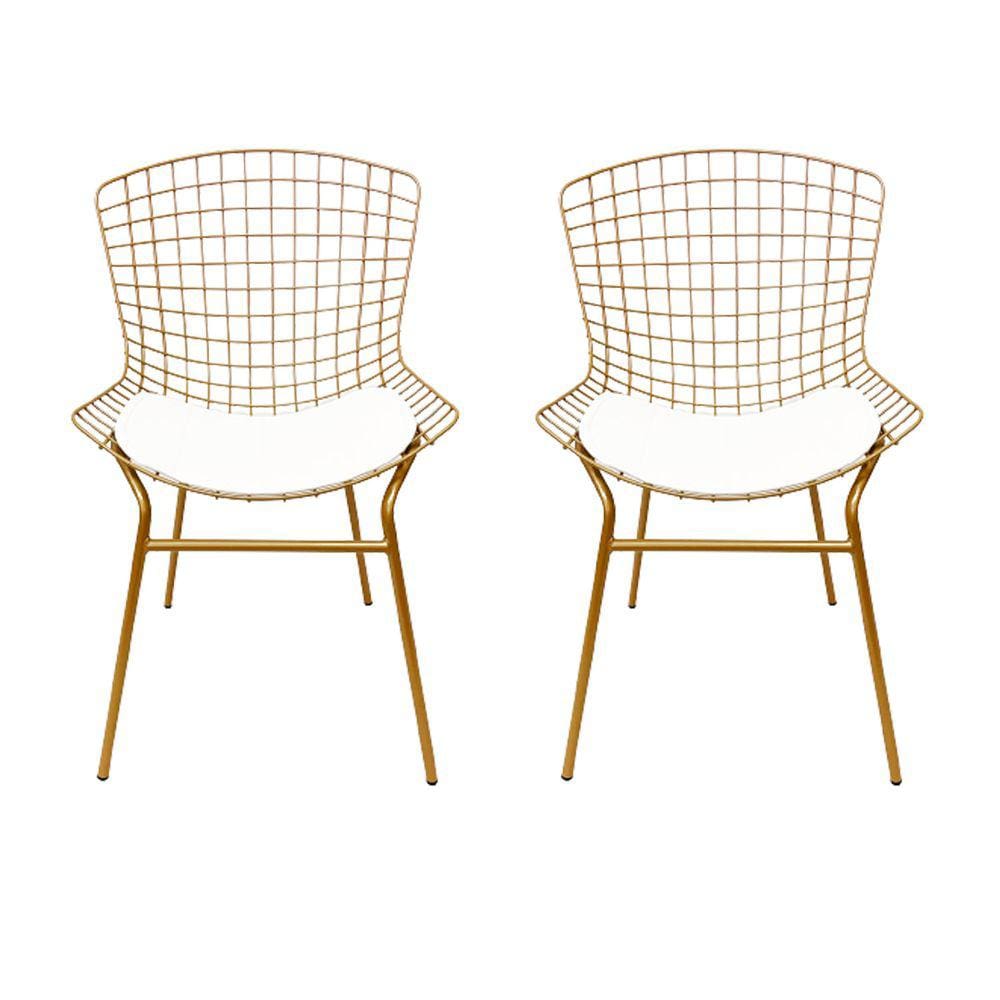 Cadeira para Cozinha Bertoia cor Dourado Fosco assento branco tubular 2 Unidades
