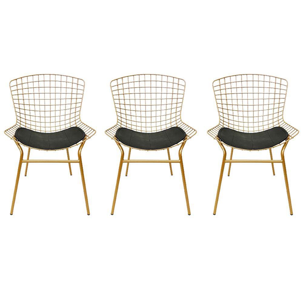 Kit 3 Cadeiras para Cozinha Bertoia cor Dourado Fosco assento preto tubular