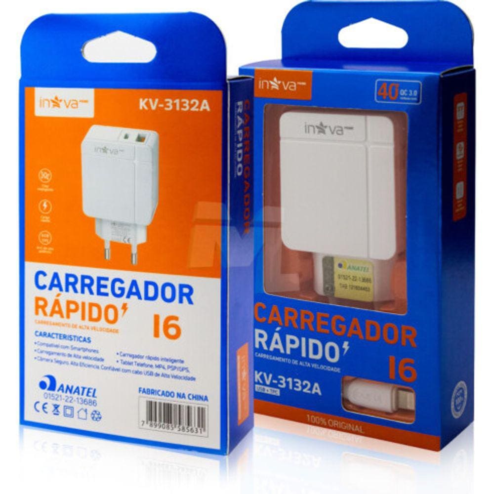 Carregador Celular Pd Entrada Usb + Type-C Qc 3.0 Com Cabo Lightning Inova - Kv-3132 A