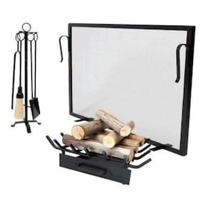 Kit 3 pcs Para Lareira Tela 80x50, Grelha de Canto E Acessorios em Argola Preto