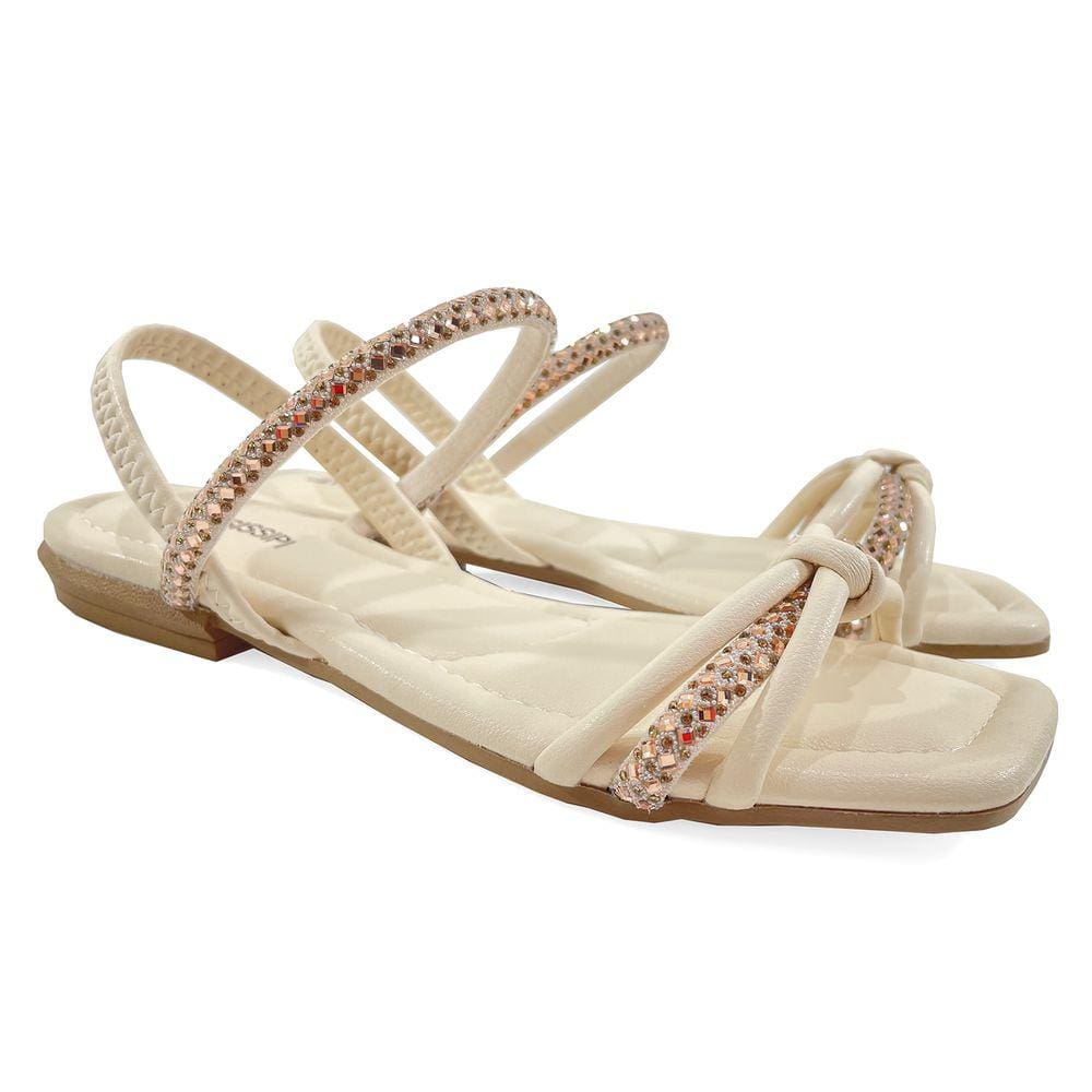 Rasteira Mississipi Tiras Strass Nó Feminina - Creme