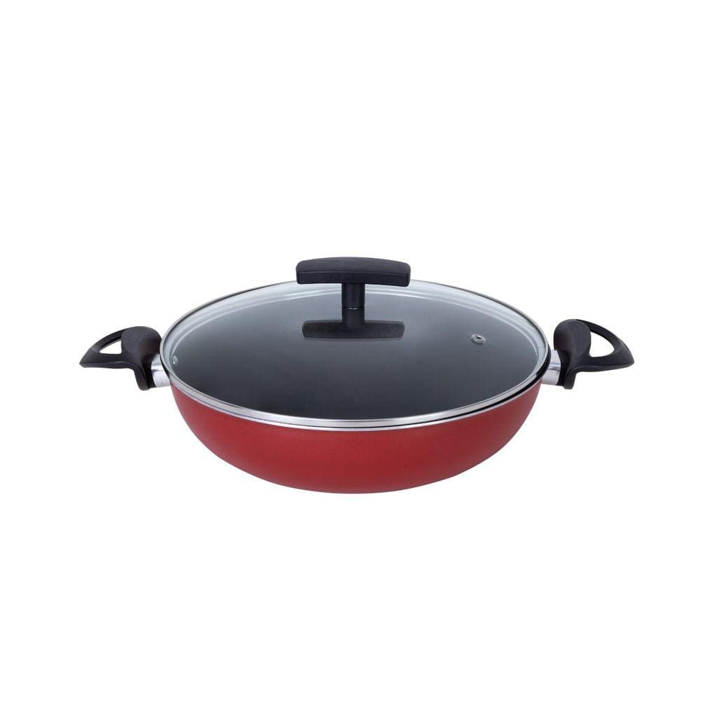 Frigideira Panela Wok 30 Cm Antiaderente Grande Tacho Com Tampa Vidro Vermelho