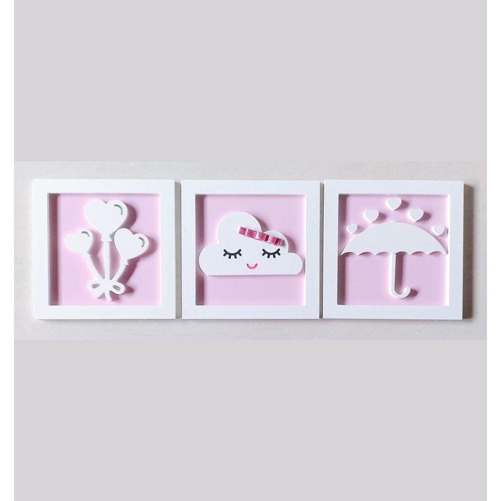 3 Quadros Impressos Chuva de Amor Quarto Infantil Menina