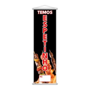 Banner Temos Espetinho Sabores Preço Fundo Branco 100x30cm