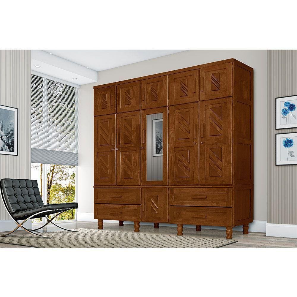 Guarda Roupa Casal Com Espelho Madeira Maciça Chicago Castanho - Cor: Marrom