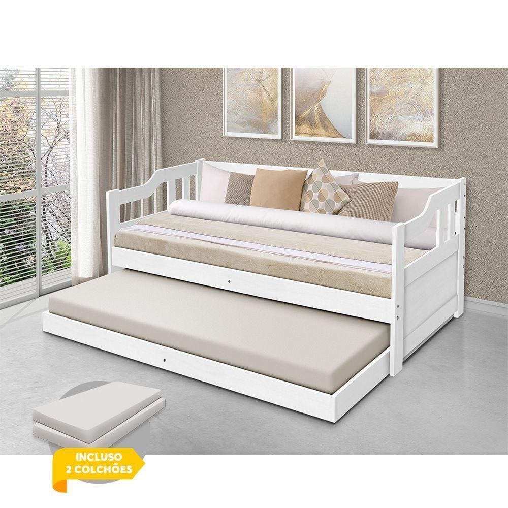 Bicama Solteiro De Madeira Maciça Com 2 Colchões Vintage - Branco - Cor: Branco