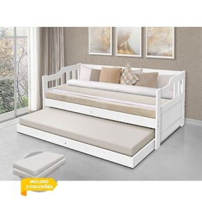 Sofá Cama Solteiro Com Cama Auxiliar Madeira Maciça + 2 Colchões Atraente - Branco - Cor: Branco