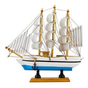 Miniatura Barco Decoração Madeira Pequeno Branco e Azul - 20cm