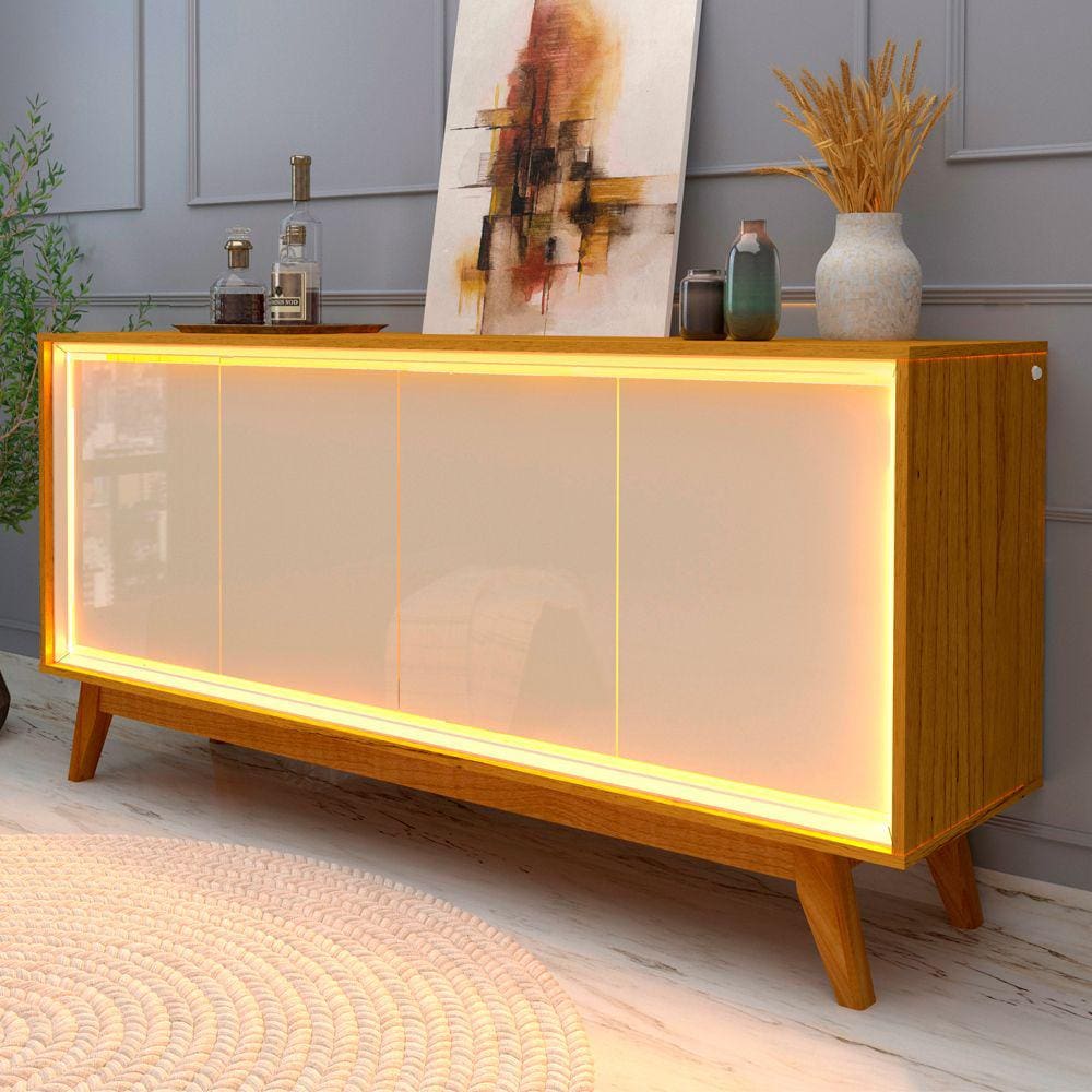 Aparador Buffet 100% MDF 04 Portas e LED Requinte Naturale/Off White Gelius