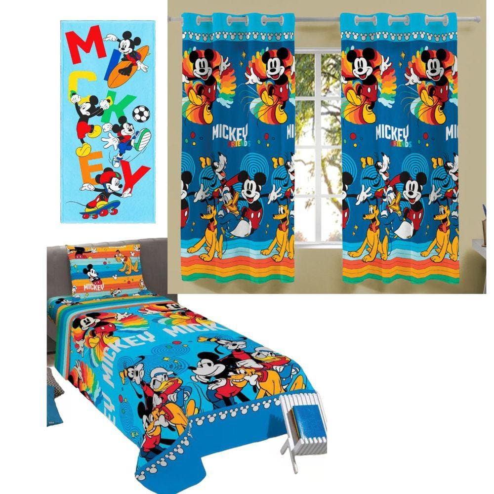 Kit Quarto Mickey Mouse Completo Jogo De Cama, Cortina E Toalha