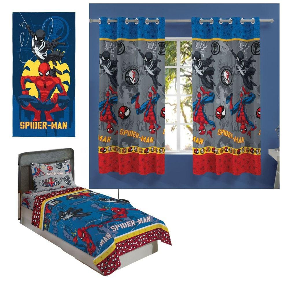 Kit Quarto Spider Man Completo Jogo De Cama, Cortina E Toalha