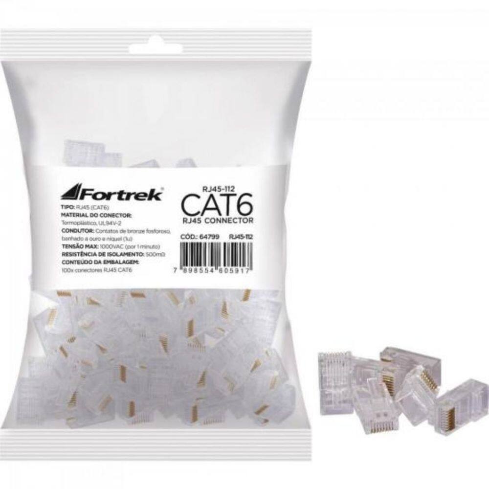 Kit 5 Pacotes Conector RJ45 Cat6 Fortrek com 500 Peças