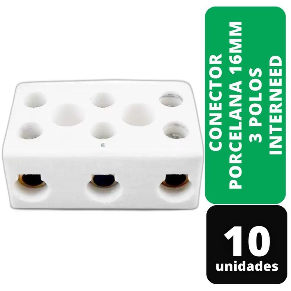 Kit C/ 10 Conector Porcelana 16mm 3 Polos Interneed