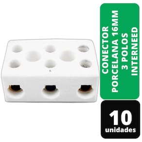 Kit C/ 10 Conector Porcelana 16mm 3 Polos Interneed