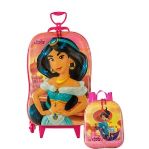 Mochila Rodinha Tripla Lancheira Princesa Jasmine 3d Maxtoy
