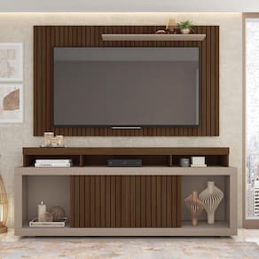Rack com Painel Para TV de até 65 Polegadas 2 Portas Ripado Esmeralda Havana/Cinza