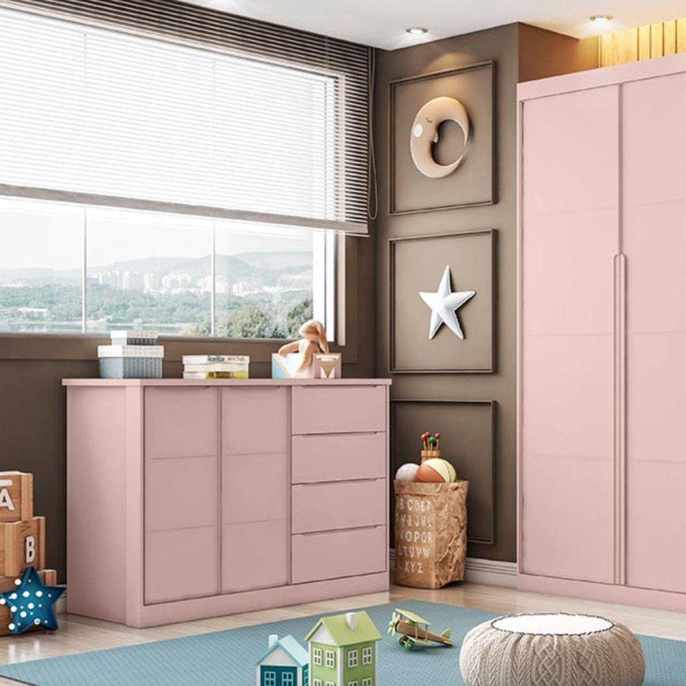 Cômoda Infantil 2 Portas 4 Gavetas 3 Nichos com Cabideiro Pérola Phoenix Baby Rosa
