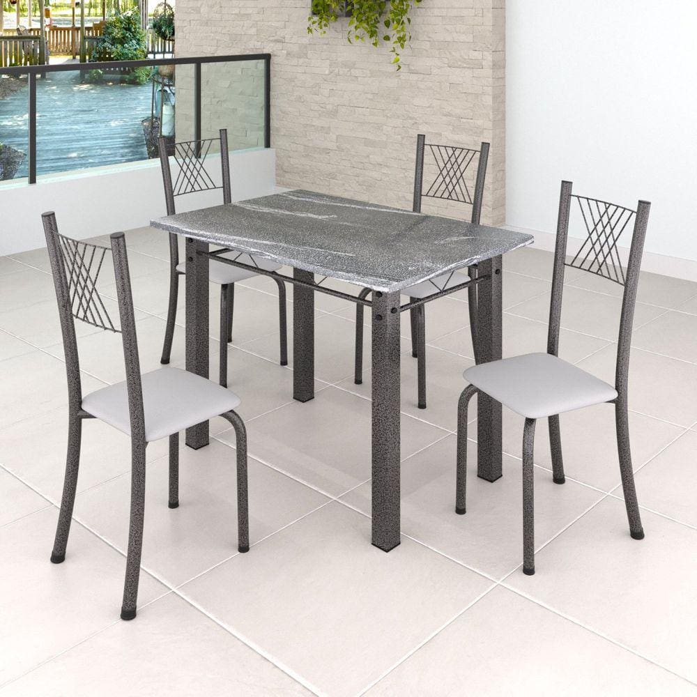Conjunto Mesa com 4 Cadeiras Tampo de Granito TopázioSaraYescasa Branco Liso/Martelado Prata