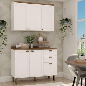 Cozinha Modulada 2 Peças com Balcão e Armário Aéreo e Tampo Provençal Branco/Ébano