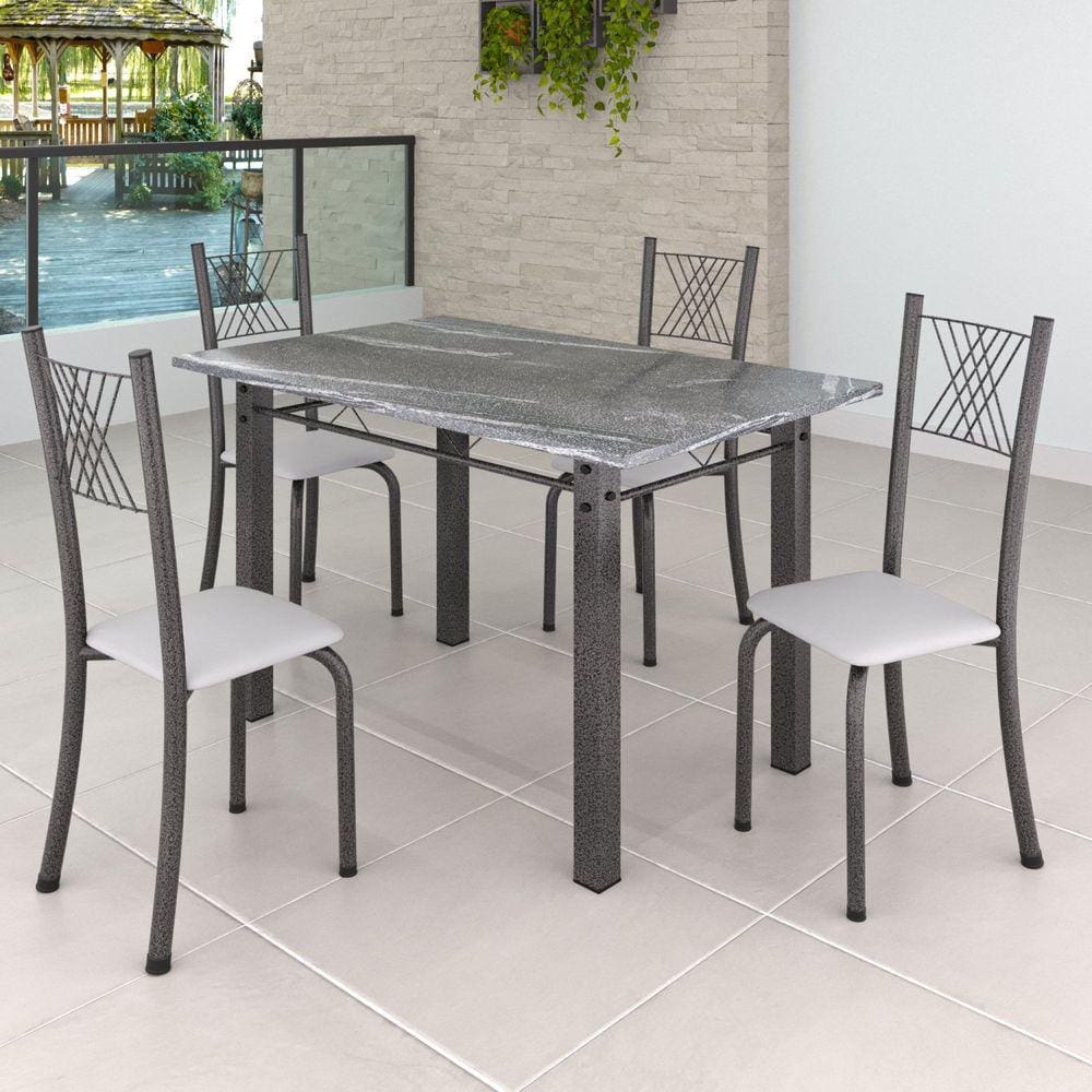 Conjunto Mesa com 4 Cadeiras Tampo de Granito TopázioSaraYescasa Branco Liso / Mart Prata