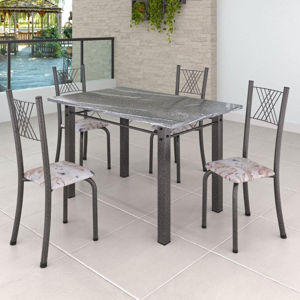 Conjunto Mesa com 4 Cadeiras Tampo de Granito TopázioSaraYescasa Botanic Bege / Mart Prata