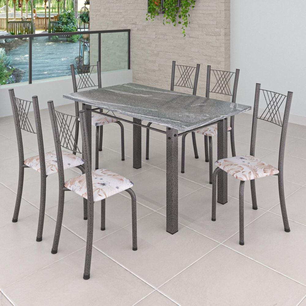 Conjunto Mesa com 6 Cadeiras Tampo de Granito TopázioSaraYescasa Botanic Bege/Martelado Prata