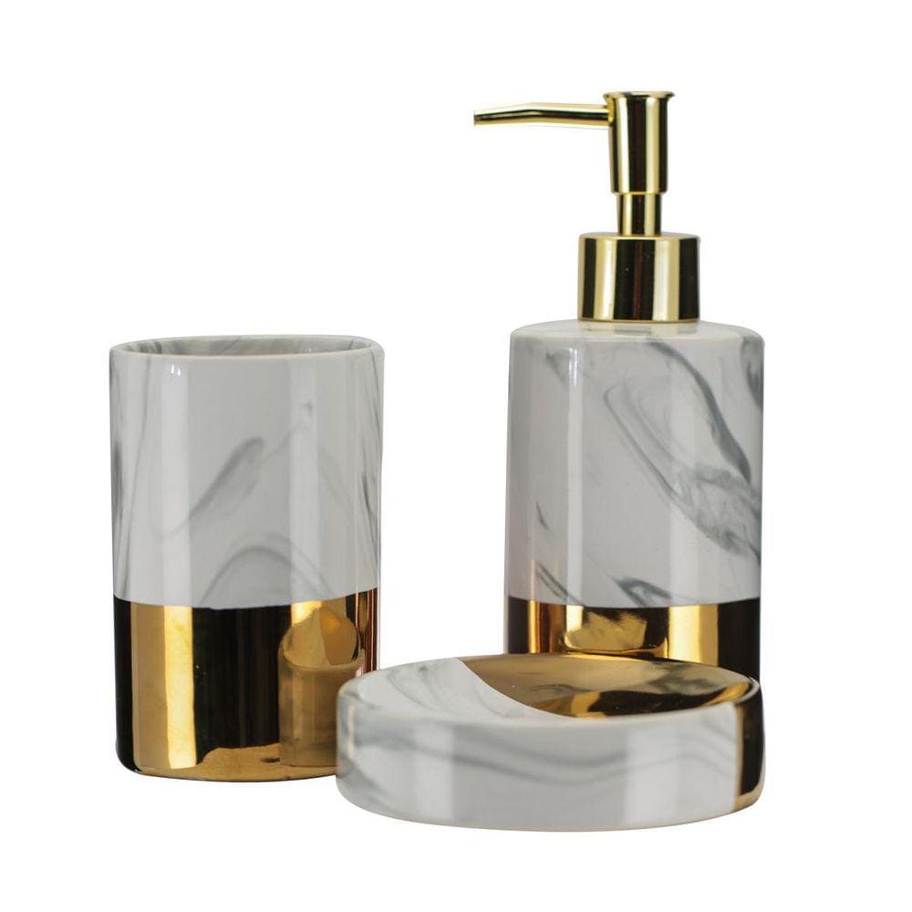 Jogo  Banheiro Porcelana Marble Marmorizado e Dourado 3 Pç
