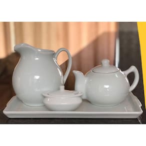 Jogo Café e Chá, Bandeja + Bule Chaleira 830ml + Jarra clássica 1,3L + Açucareiro barquinha 100ml - Porcelana Branca