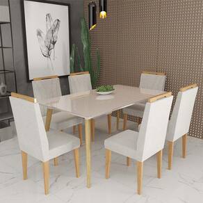 Conjunto de Mesa 160x90 Veneza Com Vidro e 6 Cadeiras Onix Off White/Bege Escuro
